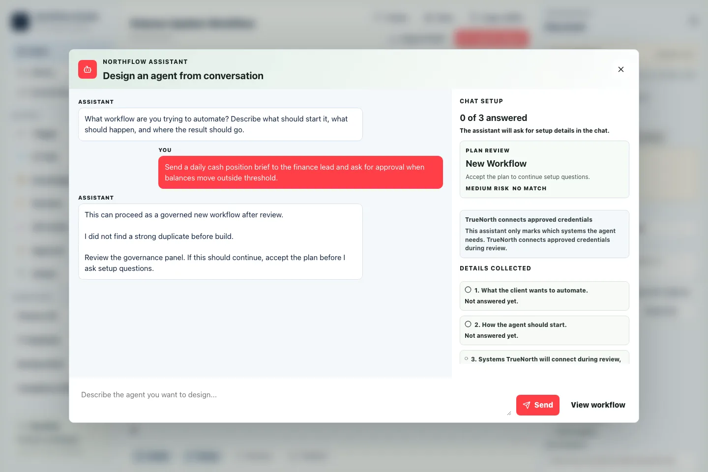NorthFlow Studio assistant asking setup questions over the blurred builder workspace.